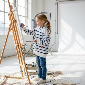 White and Blue Striped Hoodie with Paint Splatter
